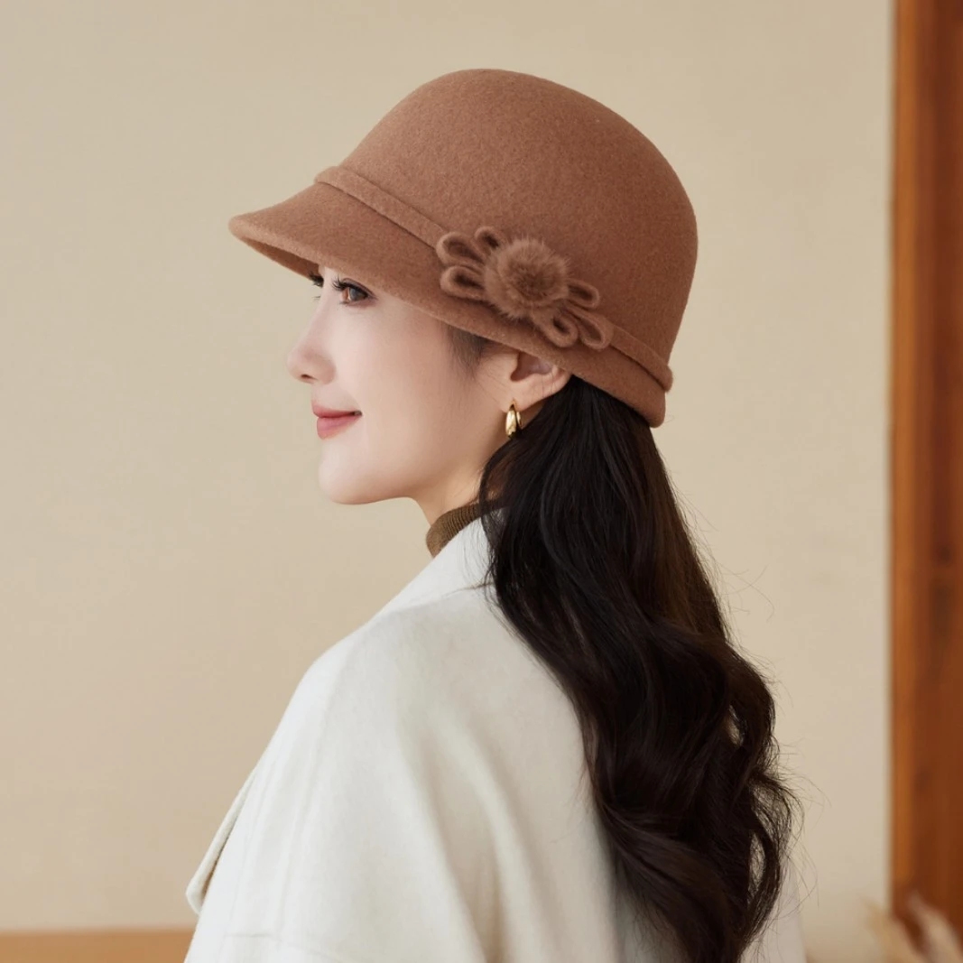 秋冬天新款女士显脸小礼帽法式优雅复古渔夫帽盆帽羊毛呢妈妈帽子