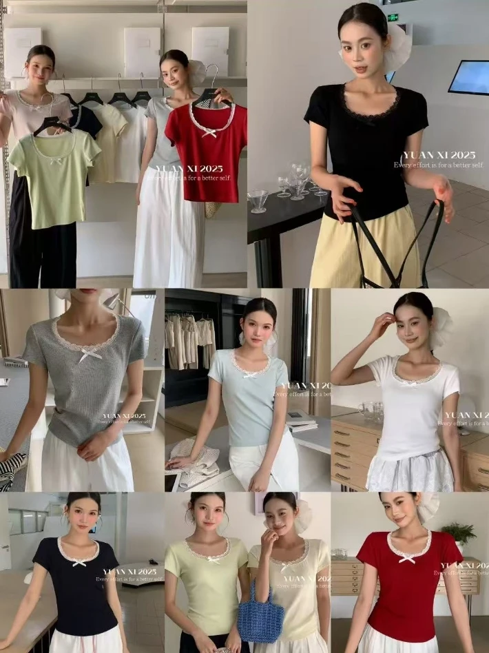 元熙#蕾丝边减龄方领短袖#3060