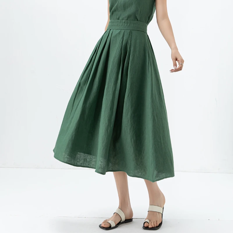 冰丝半身裙女2025新款夏薄款绿色亚麻裙女a字大摆伞裙中长款裙子