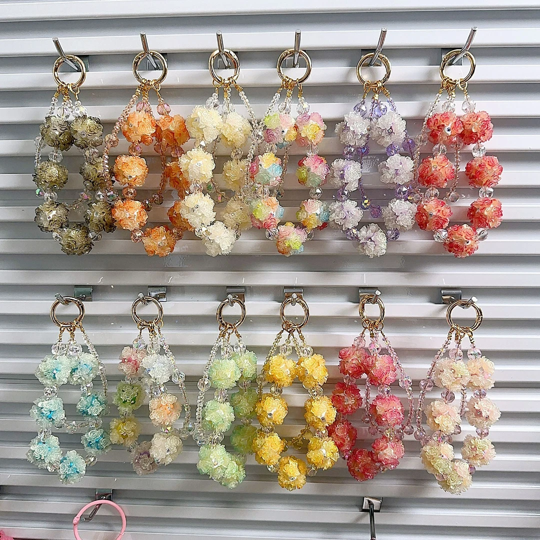 原创手工夜光光变花球水晶 手机链女时尚气质手腕包挂钥匙扣饰品