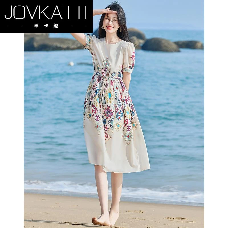 Jovkatti时尚印花连衣裙2025新款夏新款休闲圆领系带优雅气质碎花
