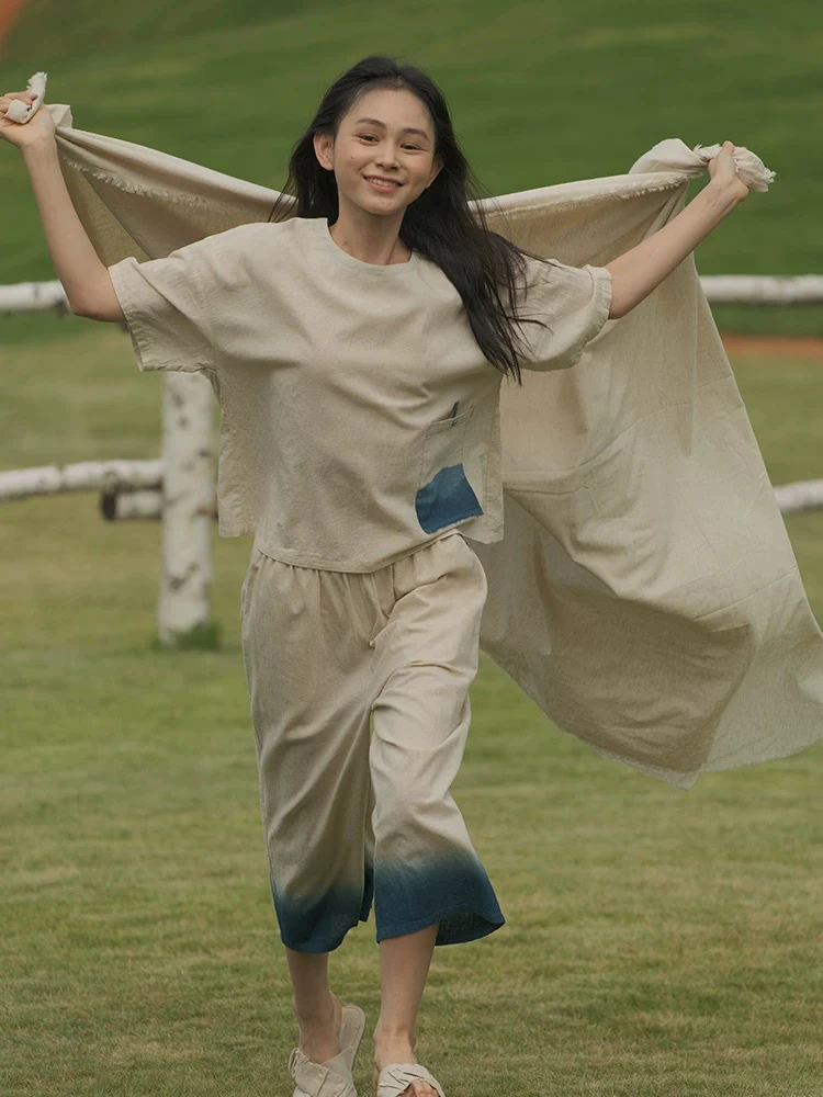 251-103 朵朵可可睡衣女2025春夏新简约圆领渐变蓝短袖中裤家居服