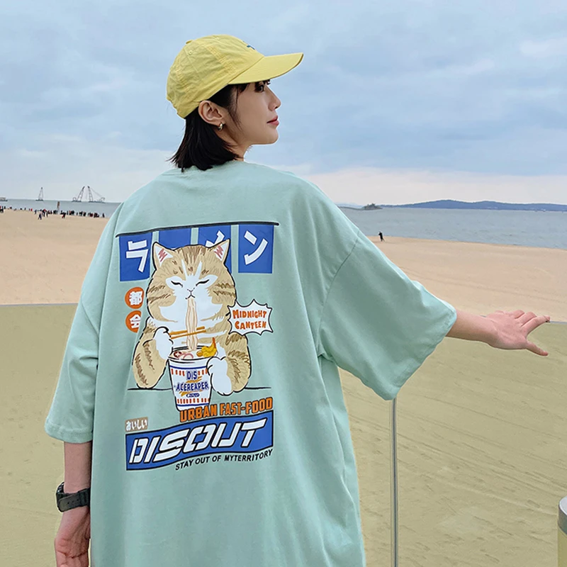 CT1200夏季潮牌港风复古猫咪印花宽松大码休闲圆领短袖T恤