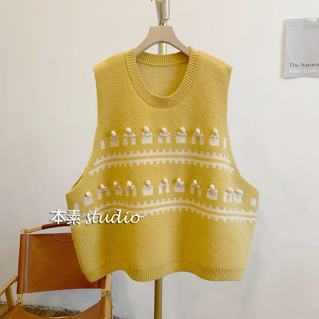 C3035提花圆领针织宽松马甲