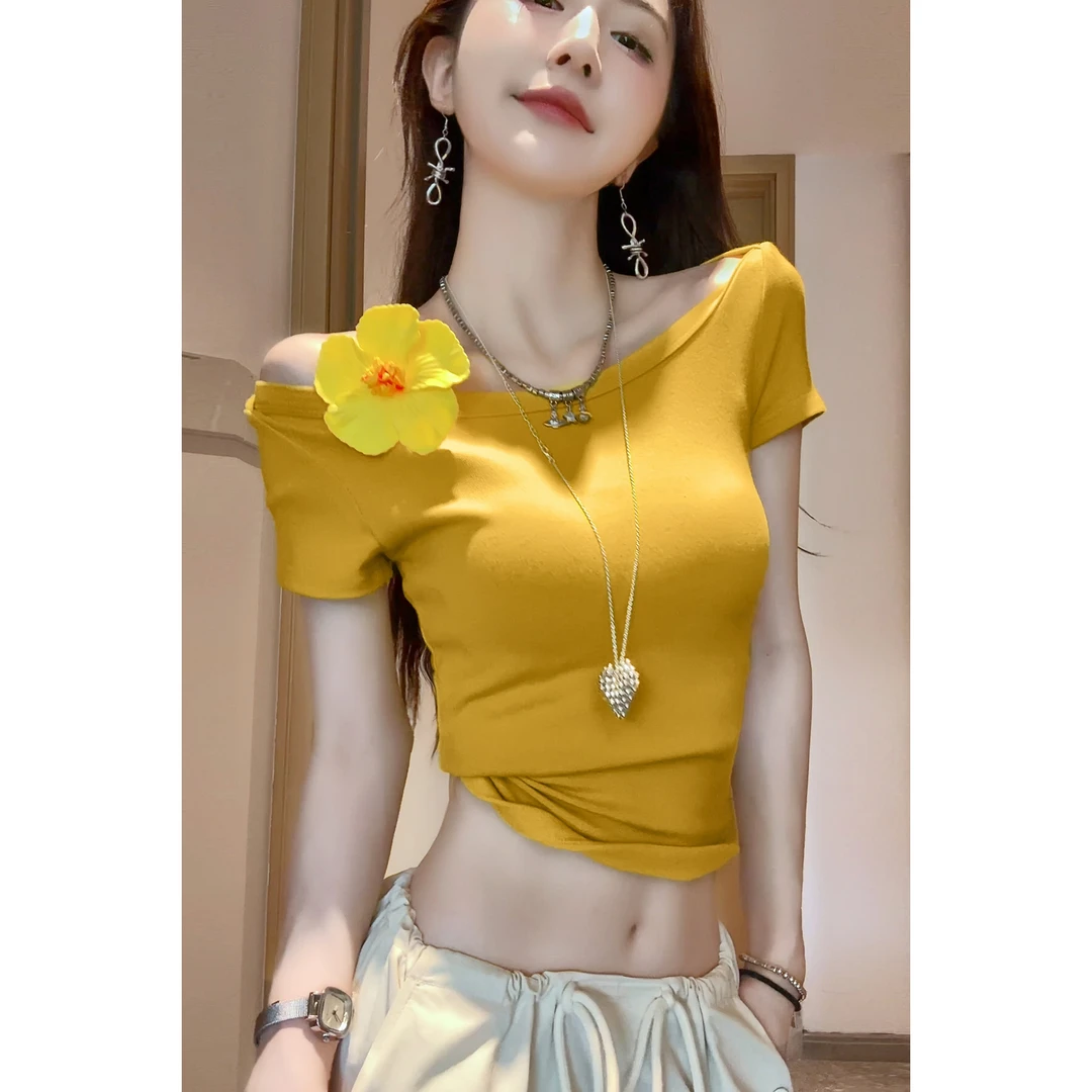 夏春茶新品气质款遮拜拜肉斜肩上衣 性感T恤辣妹斜领漏锁骨一字肩