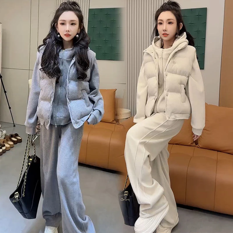 休闲运动套装女秋冬新款韩版洋气显瘦棉马甲连帽卫衣长裤三件套潮