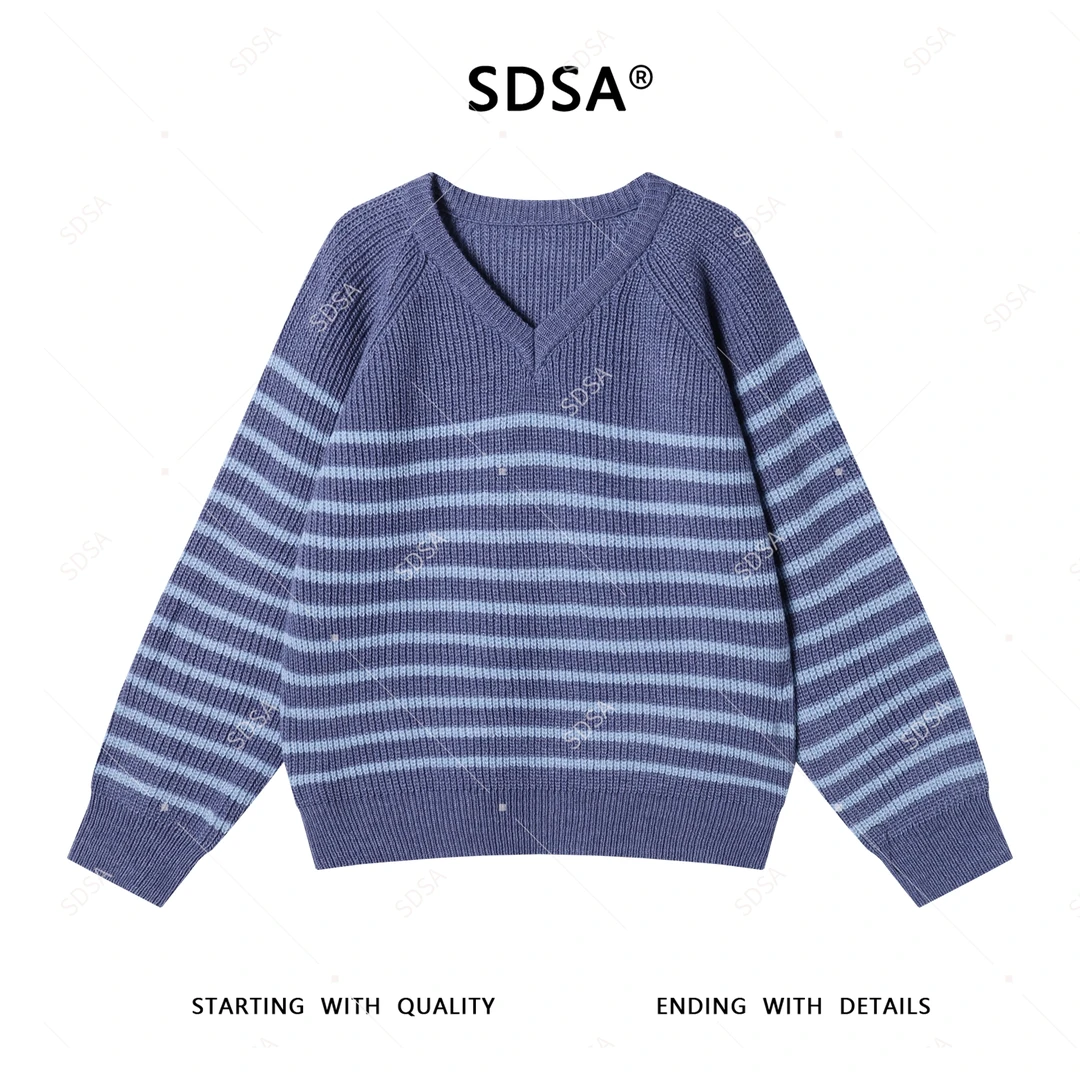 SDSA男士2025新款轻奢痞帅男装美式撞色条纹V领套头针织毛衣百搭