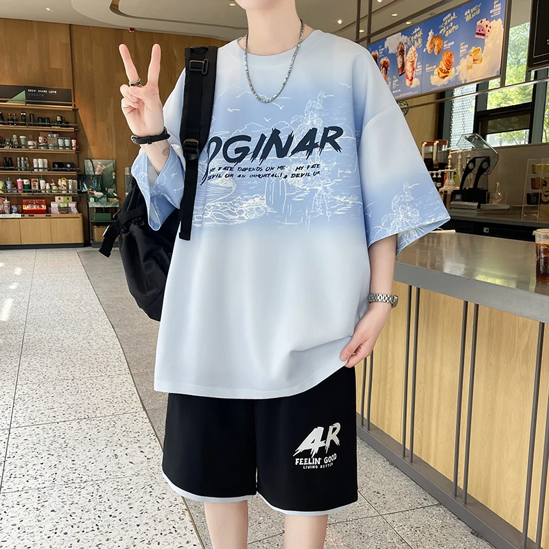 青少年夏季新款男士休闲运动套装潮流百搭宽松学生短袖T恤两件套