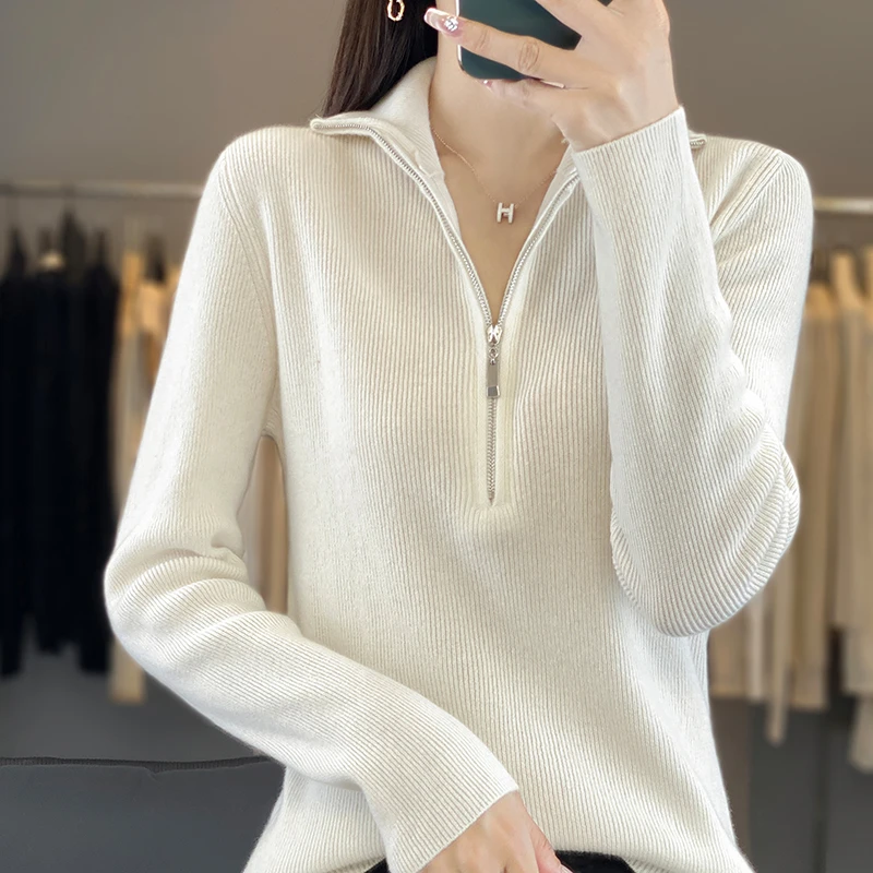 100%澳洲羊毛修身春秋羊毛衫时尚半开领长袖针织衫百搭女士打底衫