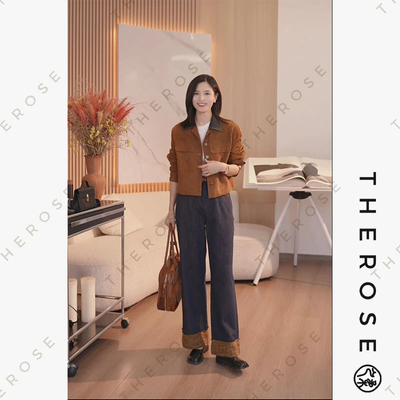 之柔【外滩风云】进口复古压纹撞色绒面廓形皮衣擦色翻领休闲外套女