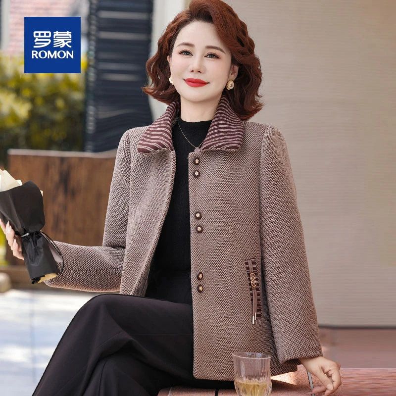 罗蒙50多岁妈妈春秋装洋气短款毛呢外套女新款中老年女士呢子上衣