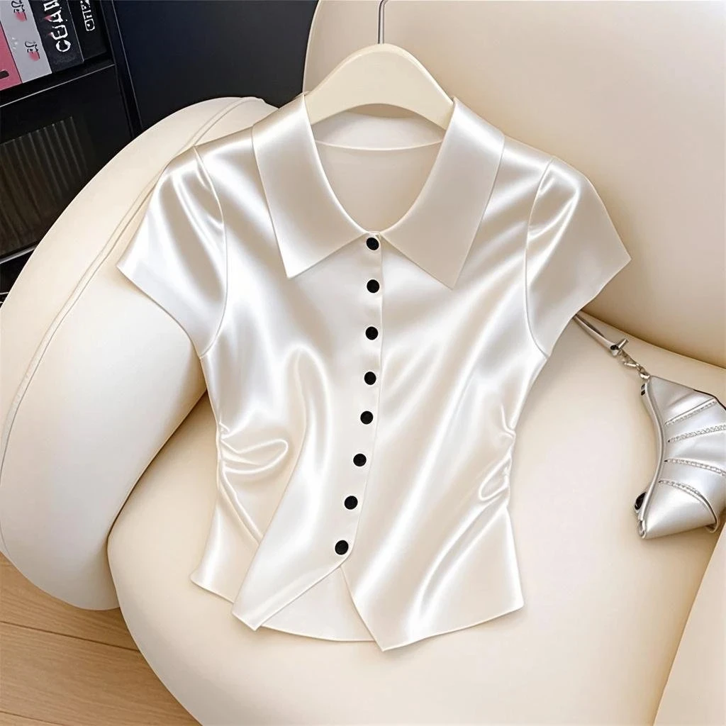 法式气质polo领设计感褶皱纯色短袖t恤女夏季小个子不规则短上衣