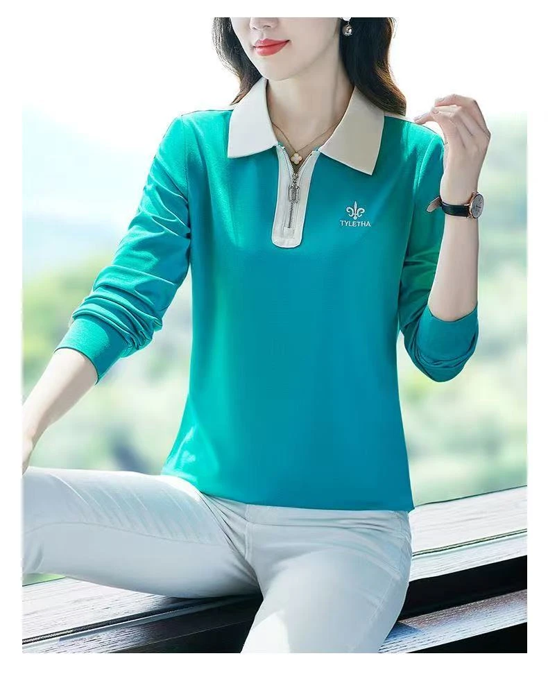 中老年女装韩版长袖时尚中年女士有领T恤显瘦百搭宽松上衣623816