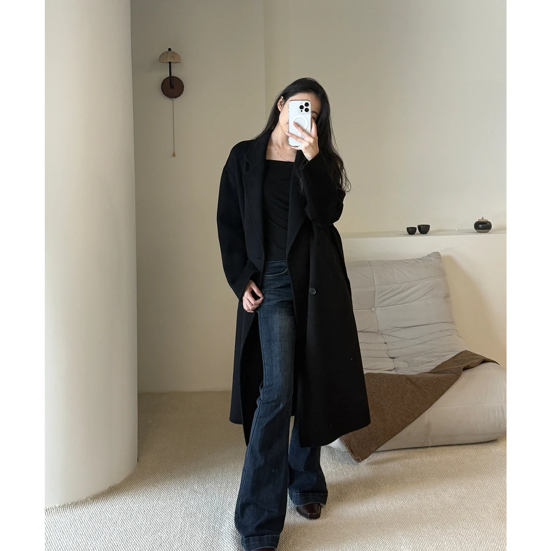 左右生活双面呢加厚秋冬毛呢大衣显瘦长款韩版拼接过膝毛呢外套