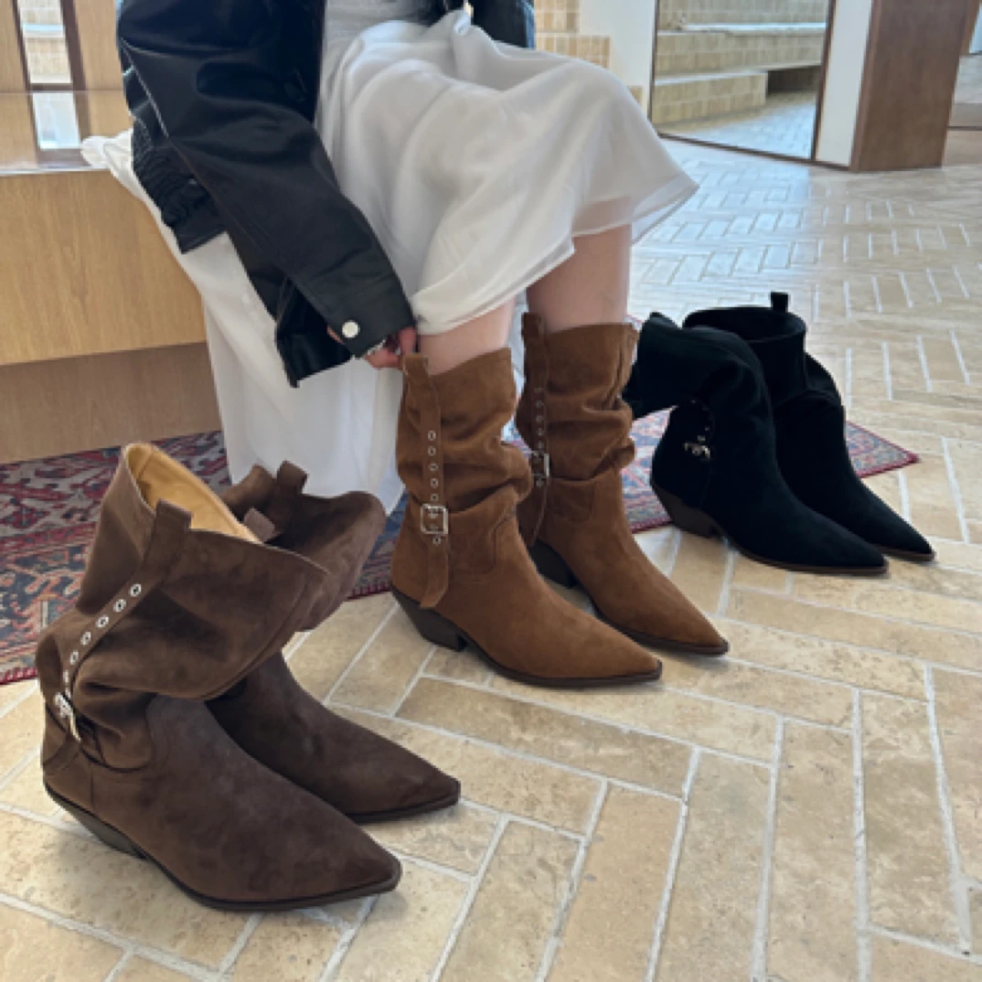 RS-90-10复古风增高显瘦褶皱堆堆靴美拉德中筒靴女粗跟西部牛仔靴