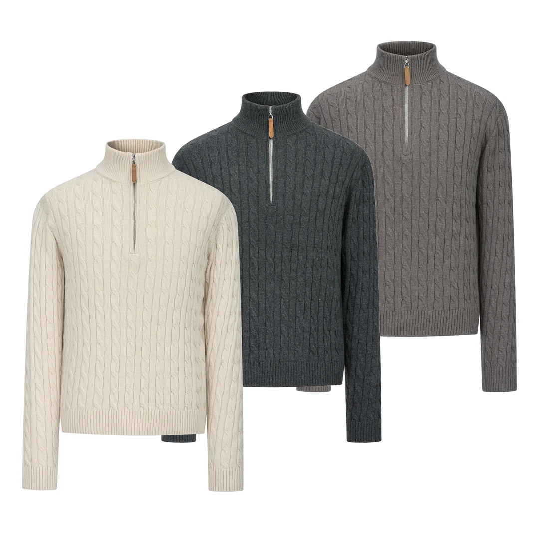 TAICHIISM春季绞花半拉链"羊毛羊绒混纺"薄款休闲老钱毛衣