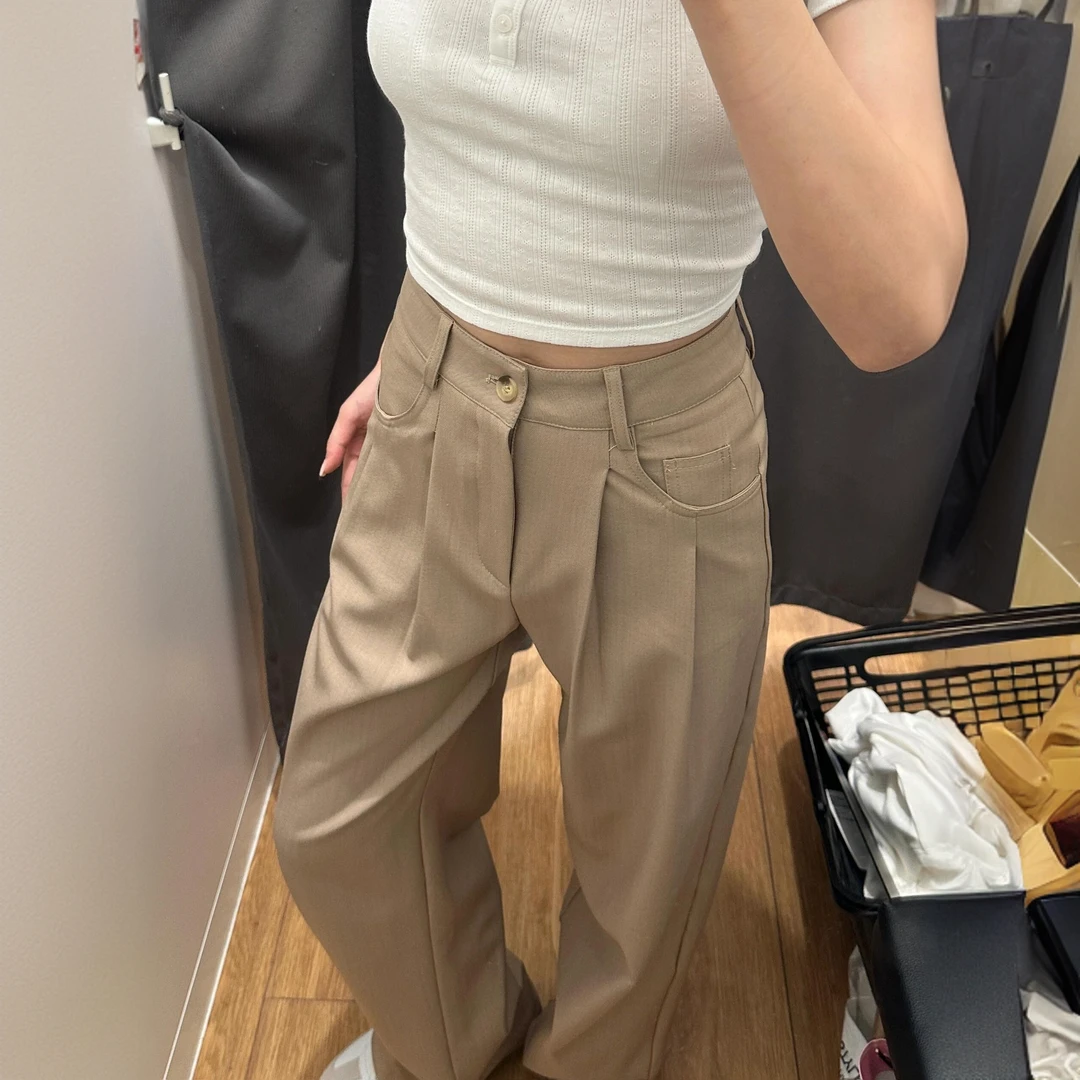 卡其色褶皱休闲裤女夏季薄款爆款2025新款高腰显瘦直筒宽松西装裤