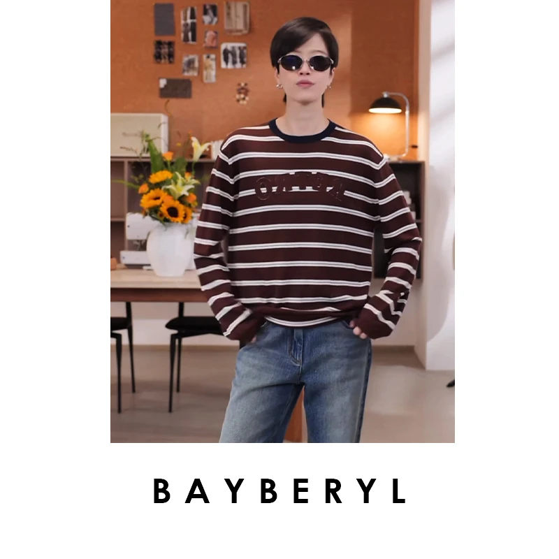 BAYBERYL老贝奶咖条纹复古拼色圆领长袖秋针织衫ZZS5F2503