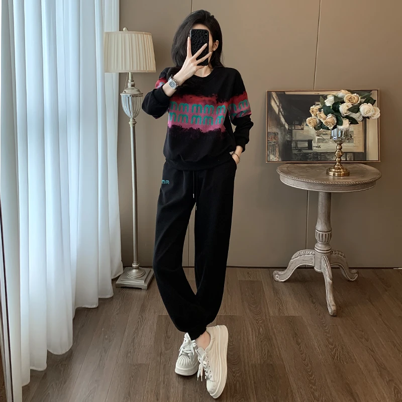 3780加绒时尚印花两件套女装休闲百搭宽松减龄秋冬