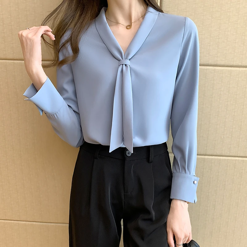 2025春秋新款上衣女白色雪纺衫设计感小众V领衬衣长袖女士衬衫