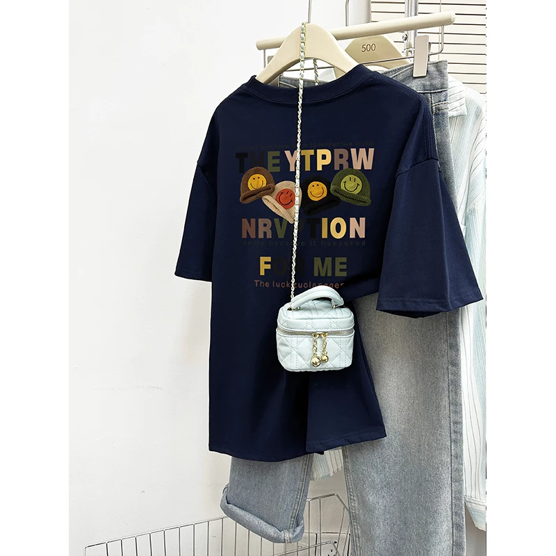 藏蓝色纯棉短袖t恤女装2025夏季新款韩版宽松大码前后印花上衣服