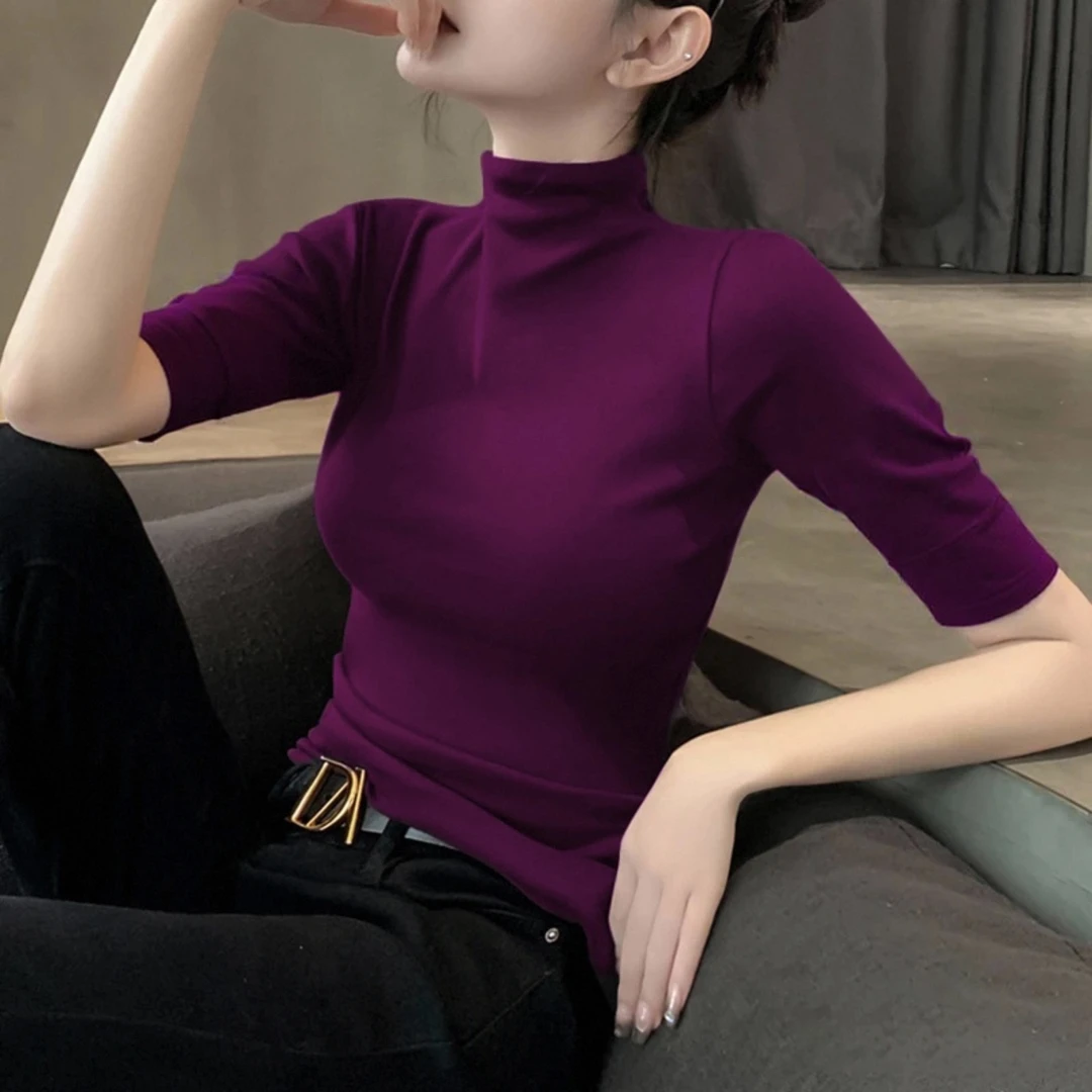 紫色T恤女针织半高领打底衫内搭春秋季洋气韩系修身五分袖上衣