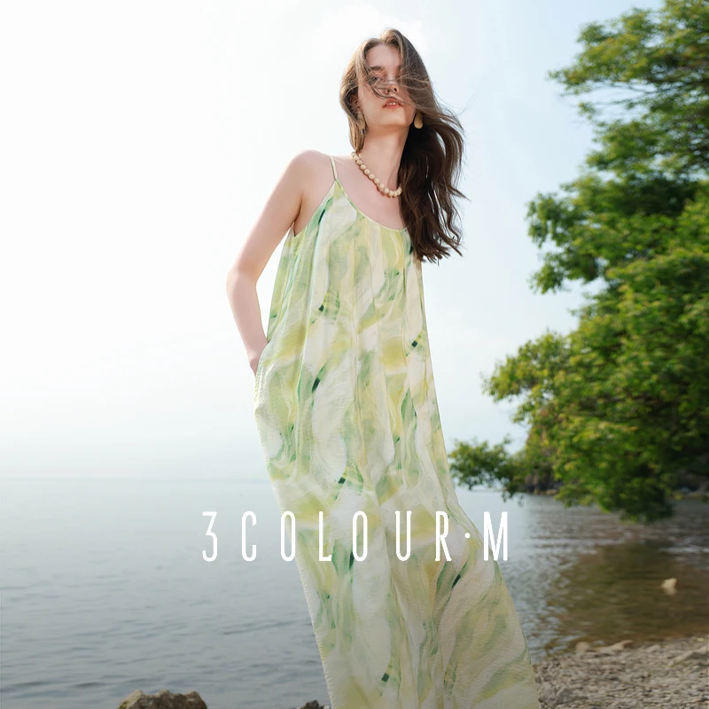 【绿子粉丝】三彩2025夏季新款假日吊带裙U领连衣裙宽松A字裙dbx