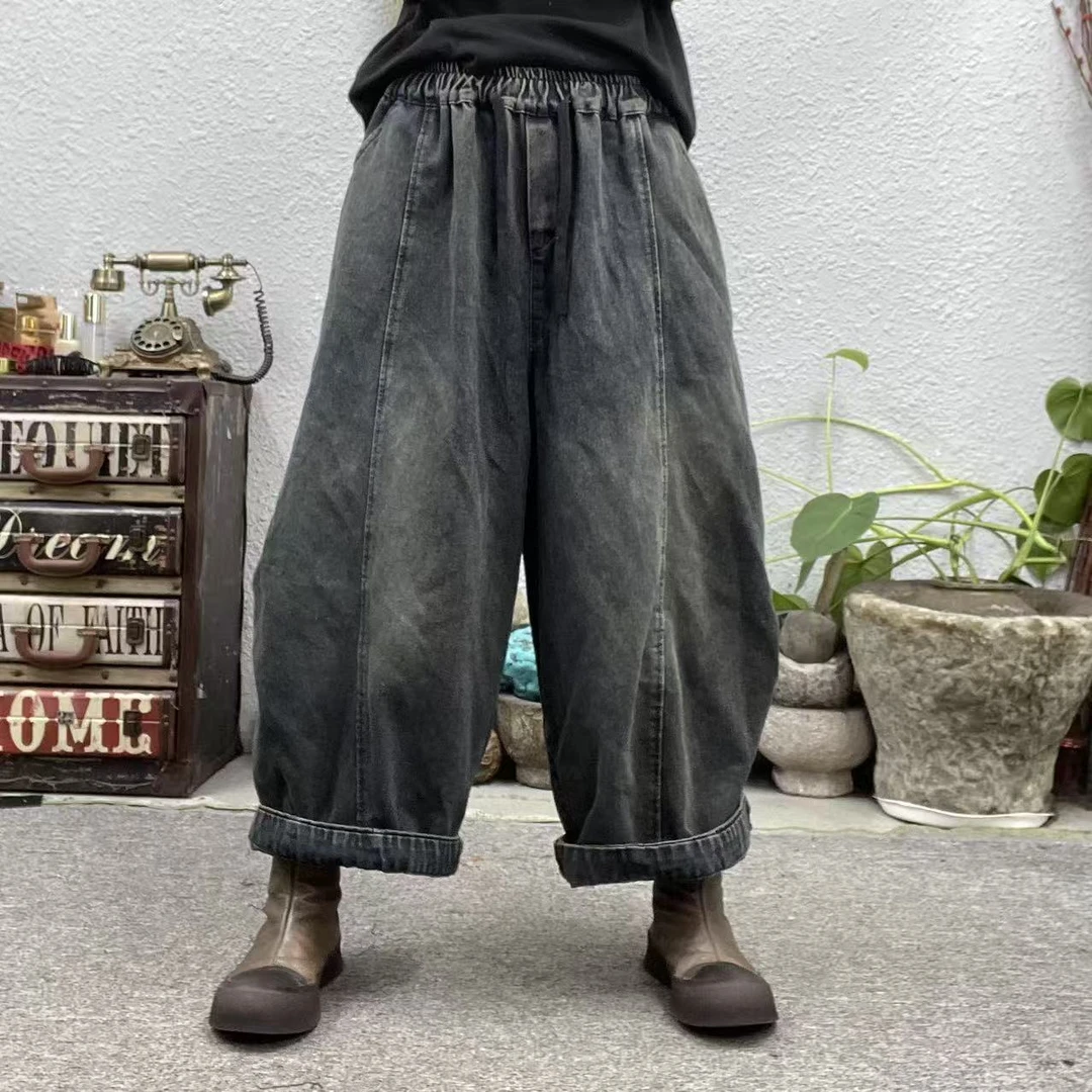 2665-1复古蓝春款前竖线两侧捏折裤哈伦牛仔裤（长86臀围142脚口66