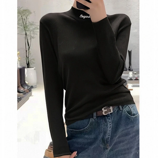 加绒的~M胸94-160长60字母刺绣高弹长袖套头保暖T恤上衣 3363