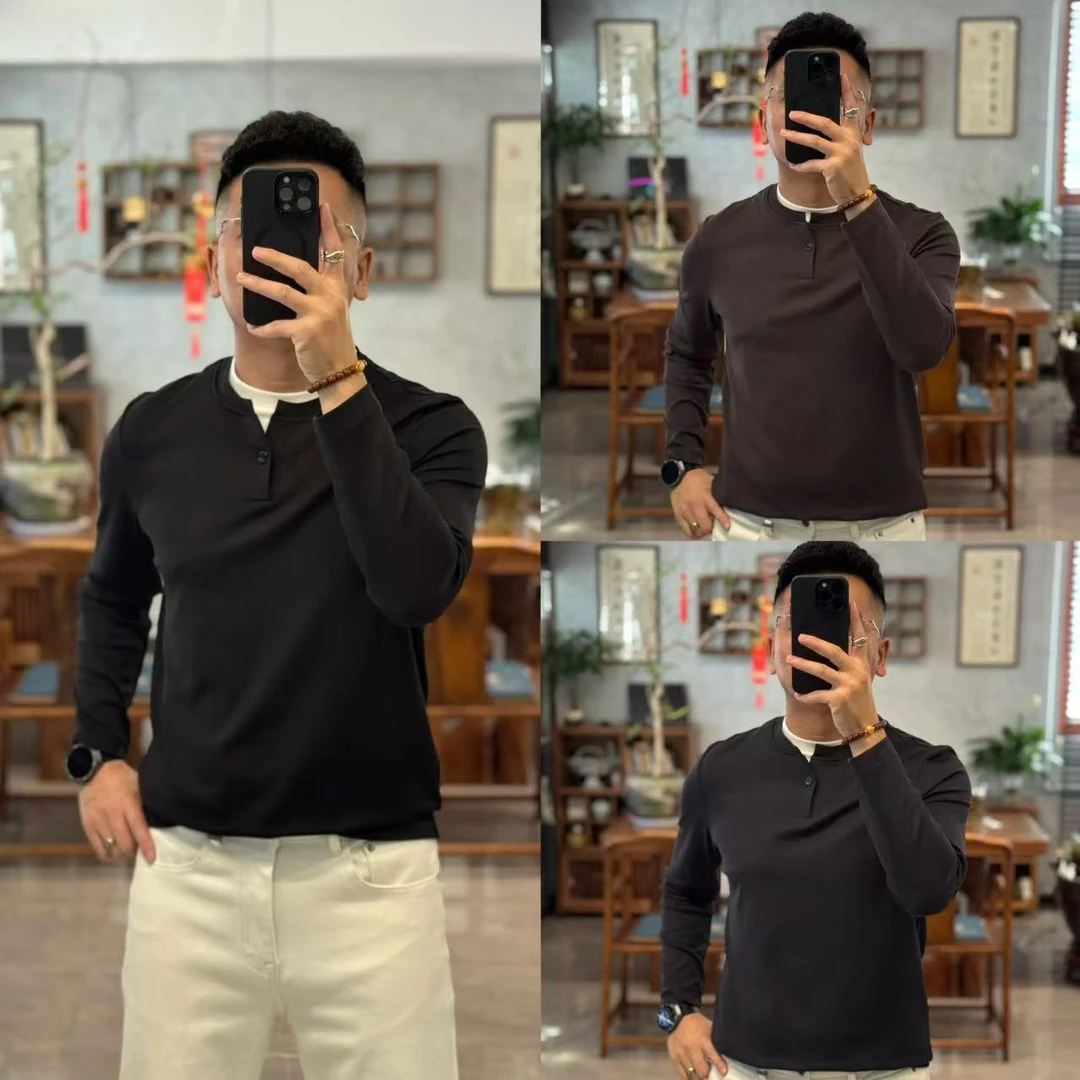 512欧货秋季舒适百搭莫代尔棉圆领假两件长袖男士T恤