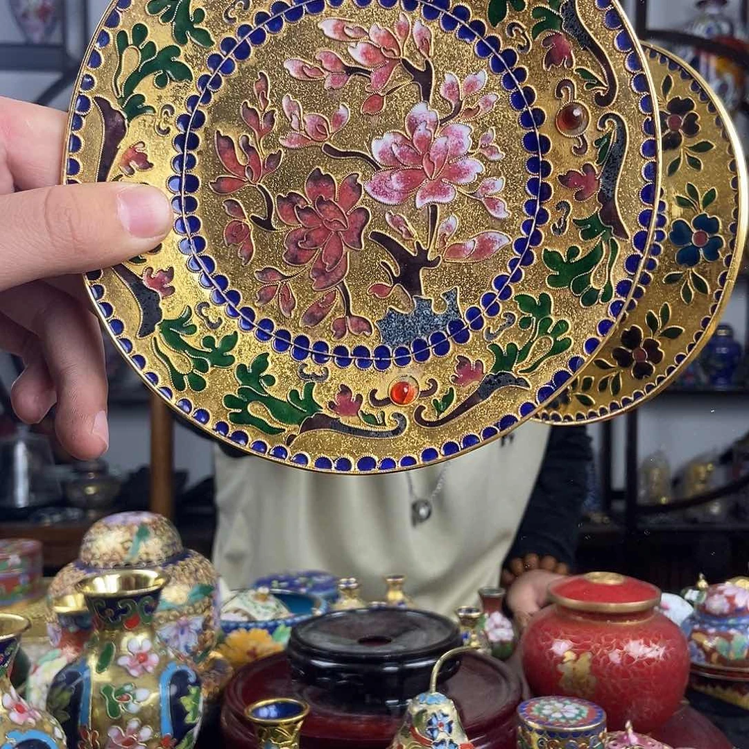 铜烟***柳景泰蓝金地花丝赏盘