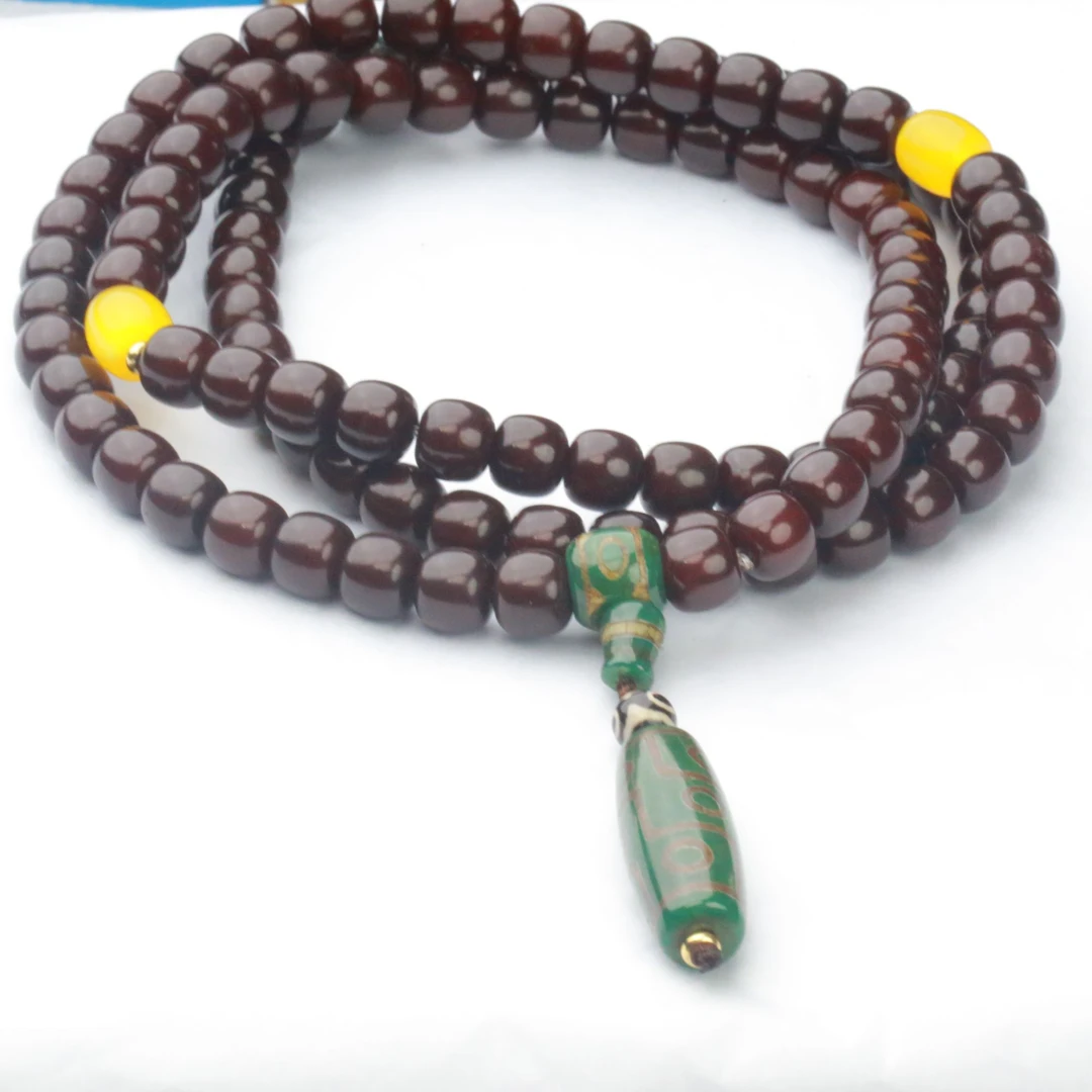 墨红色菩提桶珠手串+天珠挂坠（无礼盒）K251