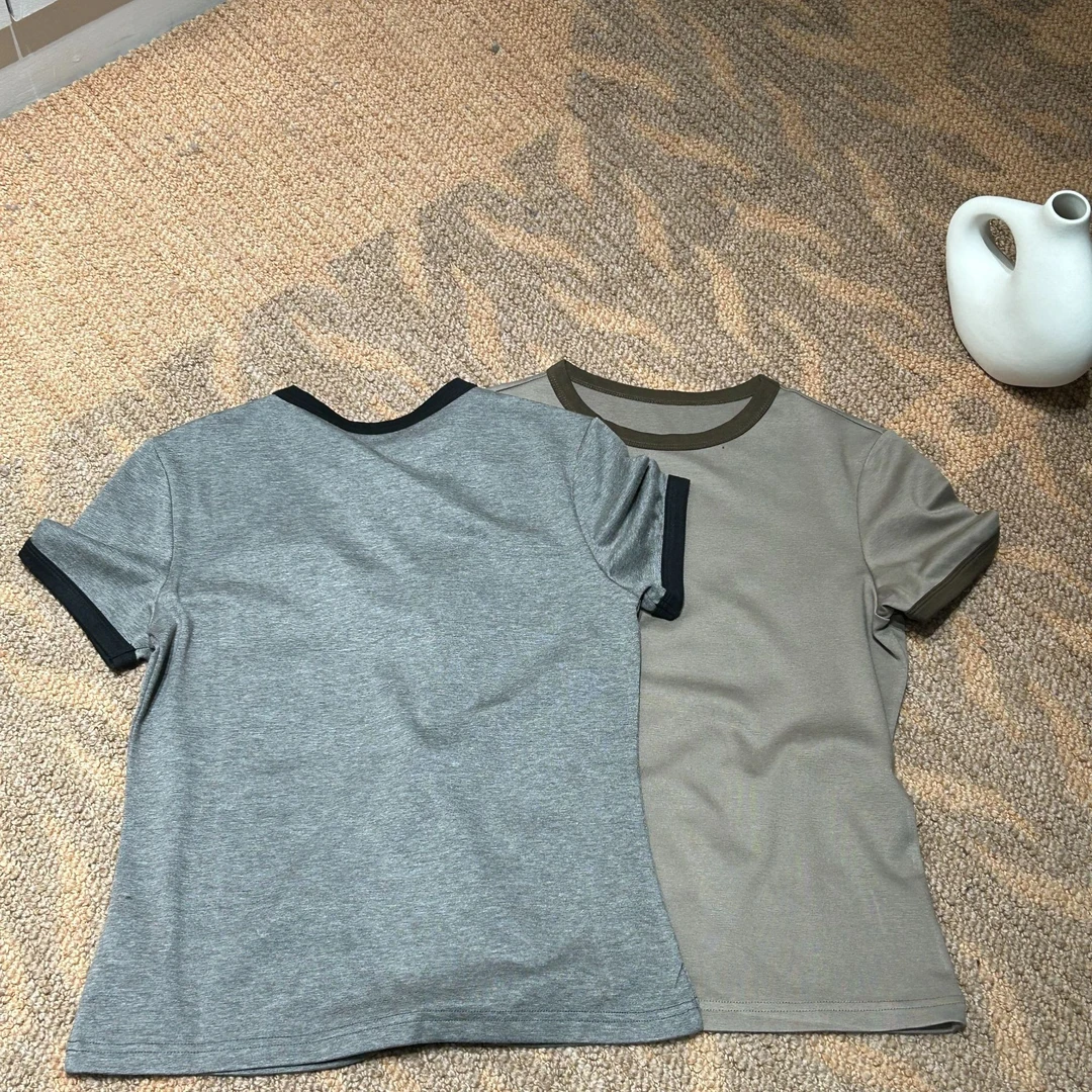 【手试梅妆】短款百搭简约撞色时尚休闲圆领短袖T恤上衣女