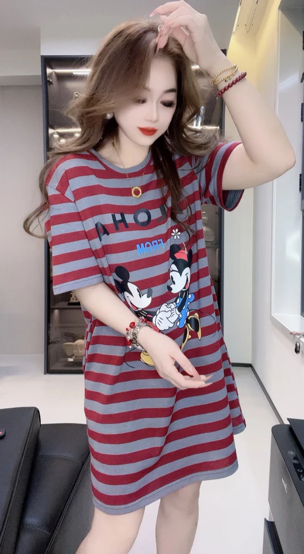 卡通米奇条纹夏季韩版中长款修身家居服短袖大码睡裙