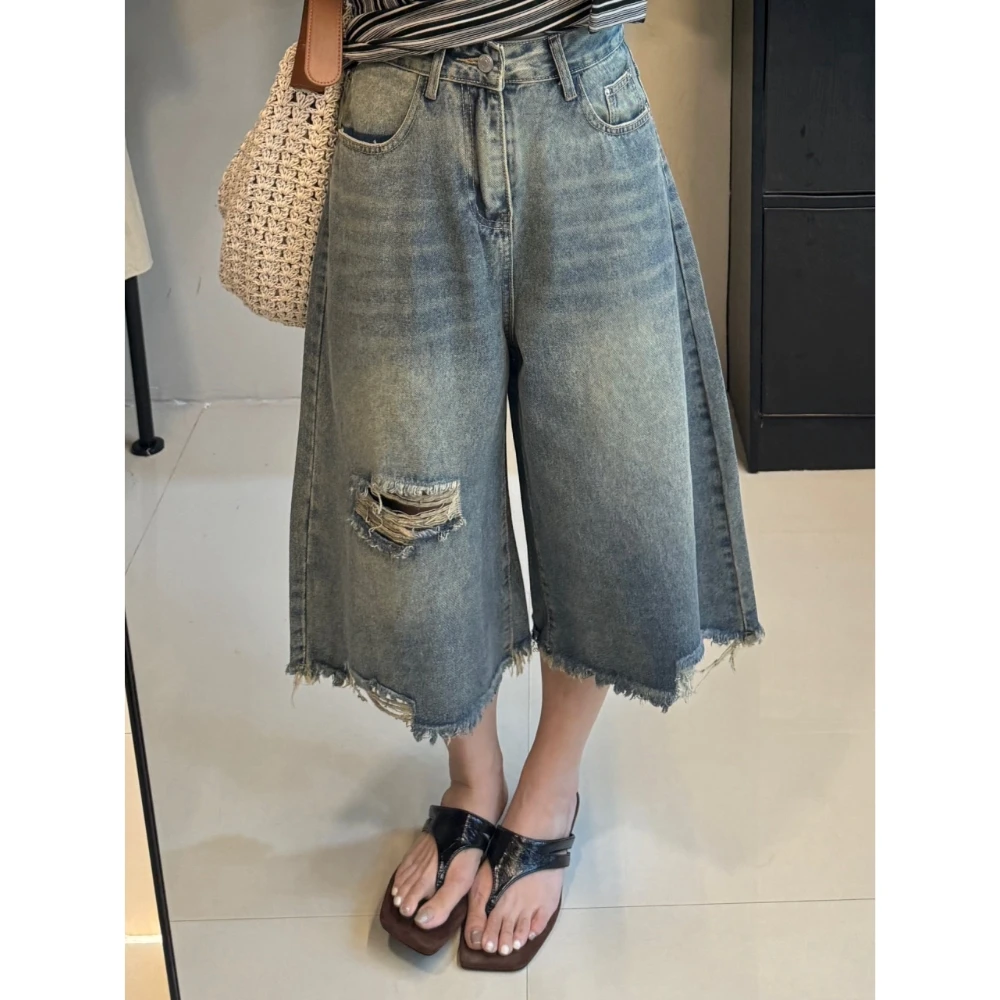 美式复古设计感做旧破洞牛仔裤女2025夏季高腰显瘦气质辣妹七分裤