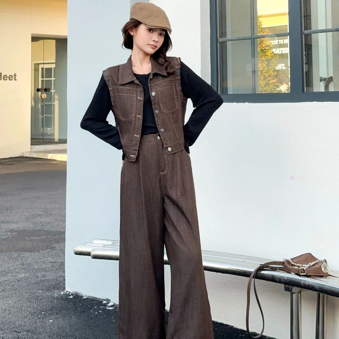 韩版翻领牛仔马甲阔腿裤套装女2025秋季三件套咖色松弛感气质减龄