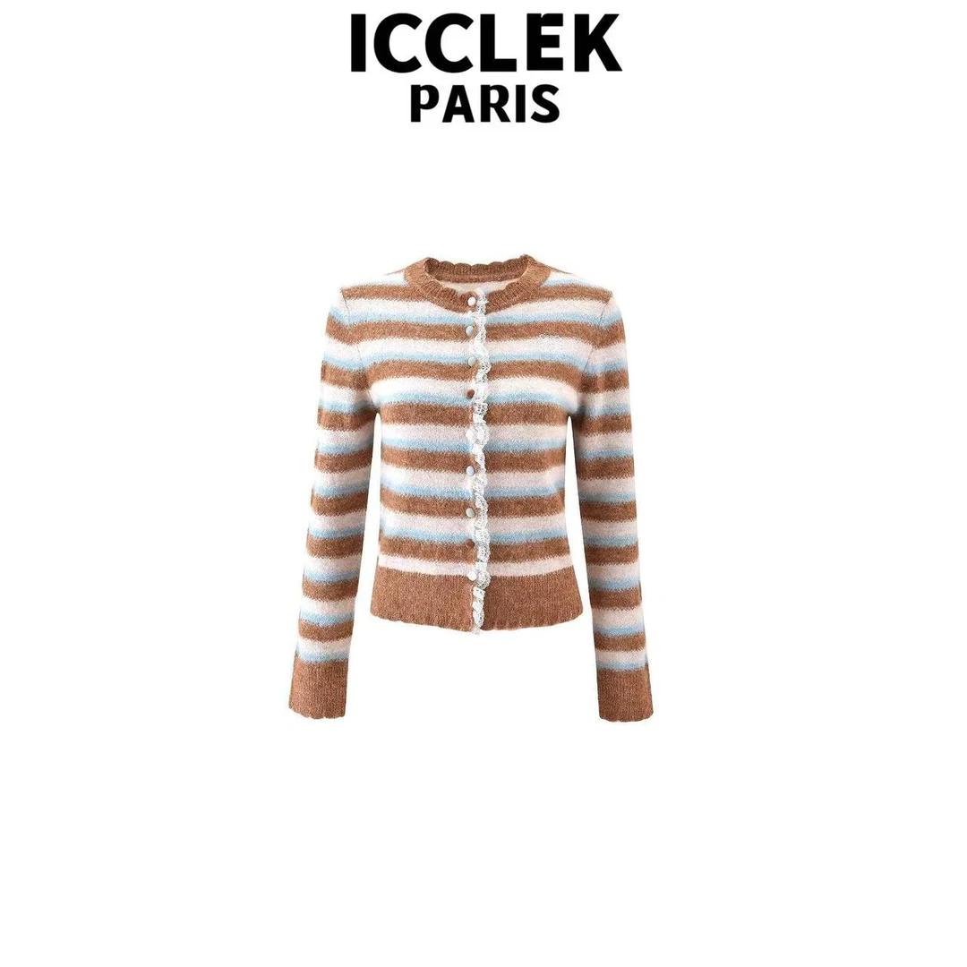 ICCLEK 咖色条纹圆领针织开衫百搭气质显瘦秋冬名媛减龄外套-9118