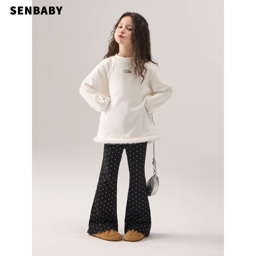 senbaby童装 女童圆领长袖上衣2025新款秋冬洋气毛毛拼边上衣