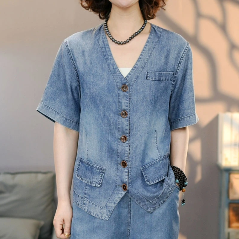 玲8823夏季新品蓝天丝牛仔衬衫女#2025显瘦休闲时尚水洗透气上衣