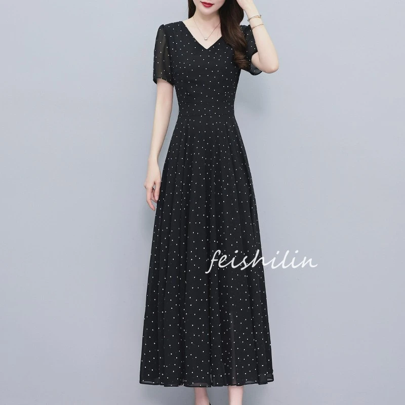 黑色波点雪纺连衣裙子女夏季2025新款轻奢高级感显瘦气质妈妈长裙