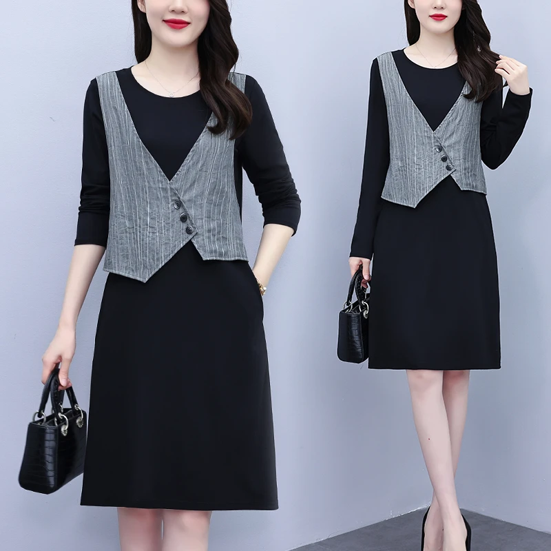 高端圆领拼接时尚简约连衣裙女2025秋季韩版气质洋气显瘦大码女装