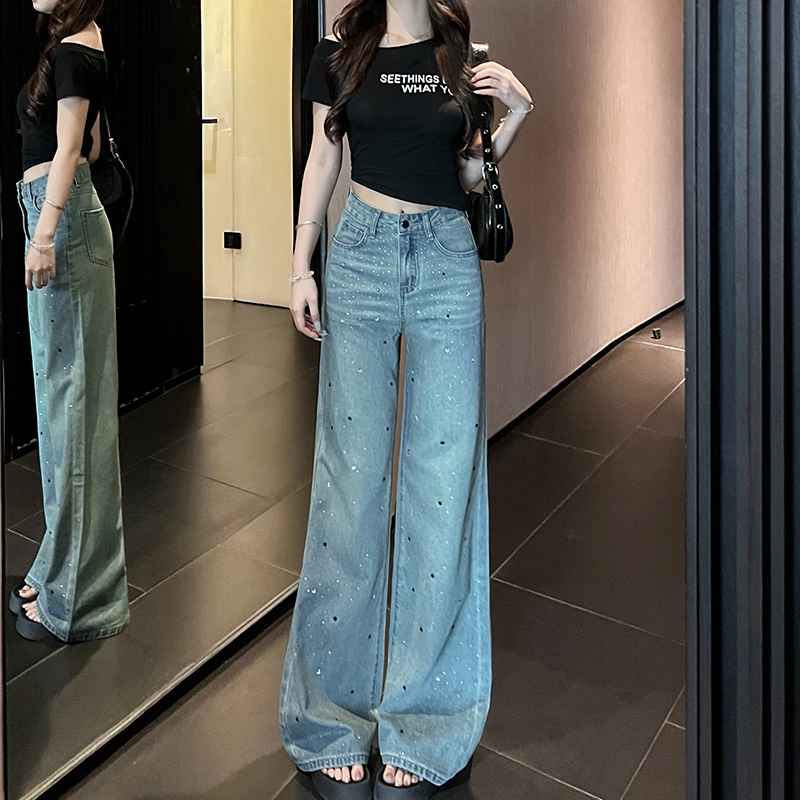 复古烫钻重工满天星直筒阔腿牛仔裤女秋季新款高腰宽松显瘦小微喇