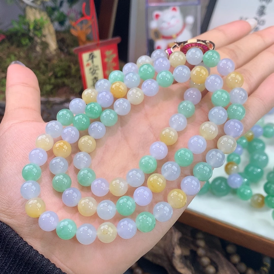 翡翠未镶嵌手链40号 三彩多宝项链