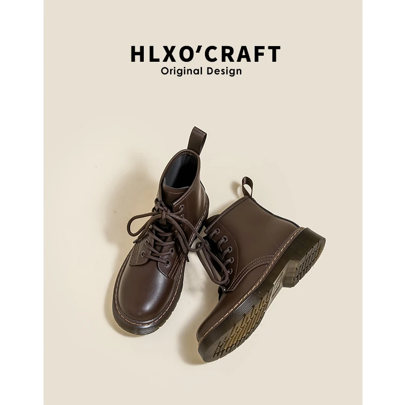 2025秋冬新款春秋真皮棕色马丁靴女加绒英伦风靴子平底6孔短靴