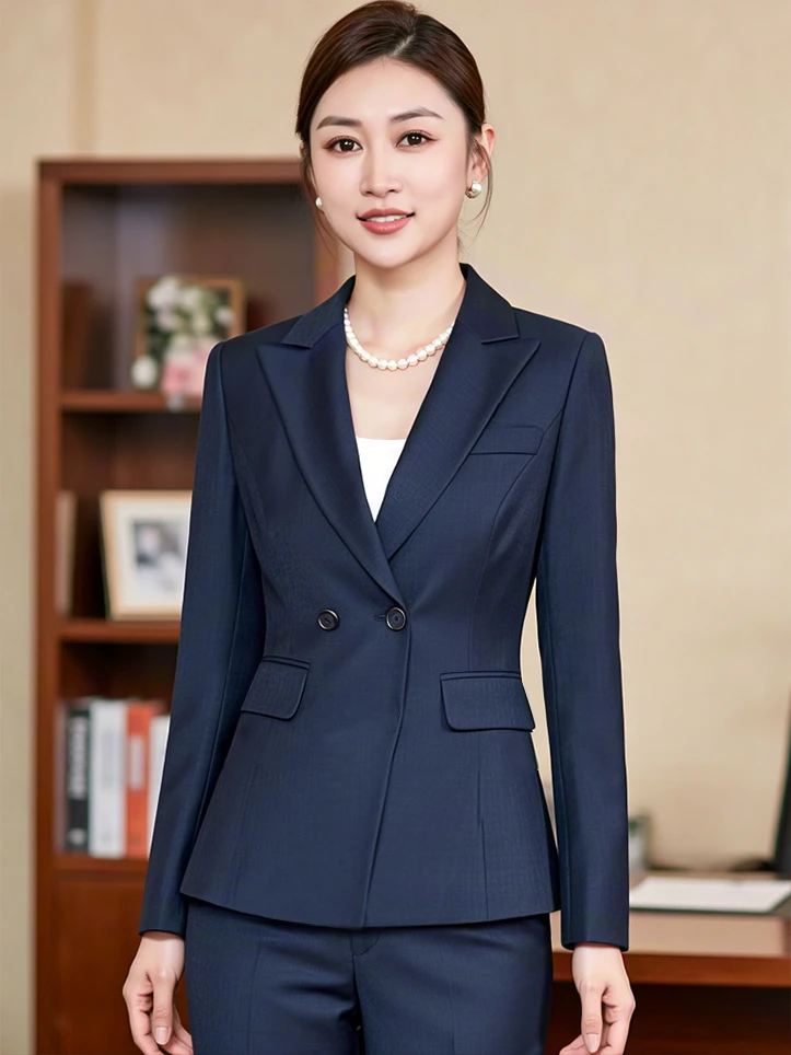 藏蓝色-秋冬黑色款一粒双排扣2025新款修身职业女性职场通勤女装