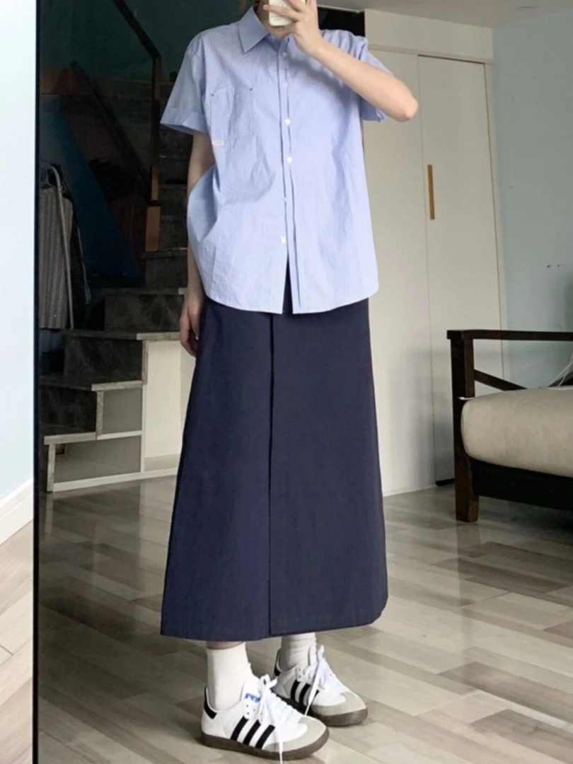 2025夏季美式学院风套装法式短袖衬衫藏蓝色气质半身裙两件套女潮