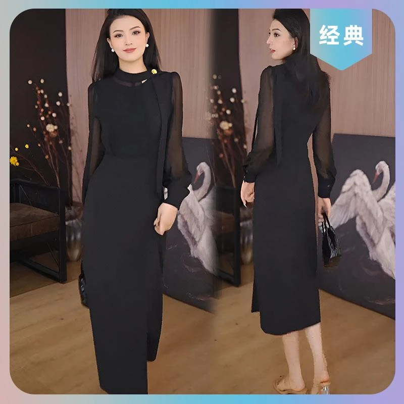 2025春秋大码女装黑色通勤连衣裙胖MM气质优雅知性淑女显瘦中长裙