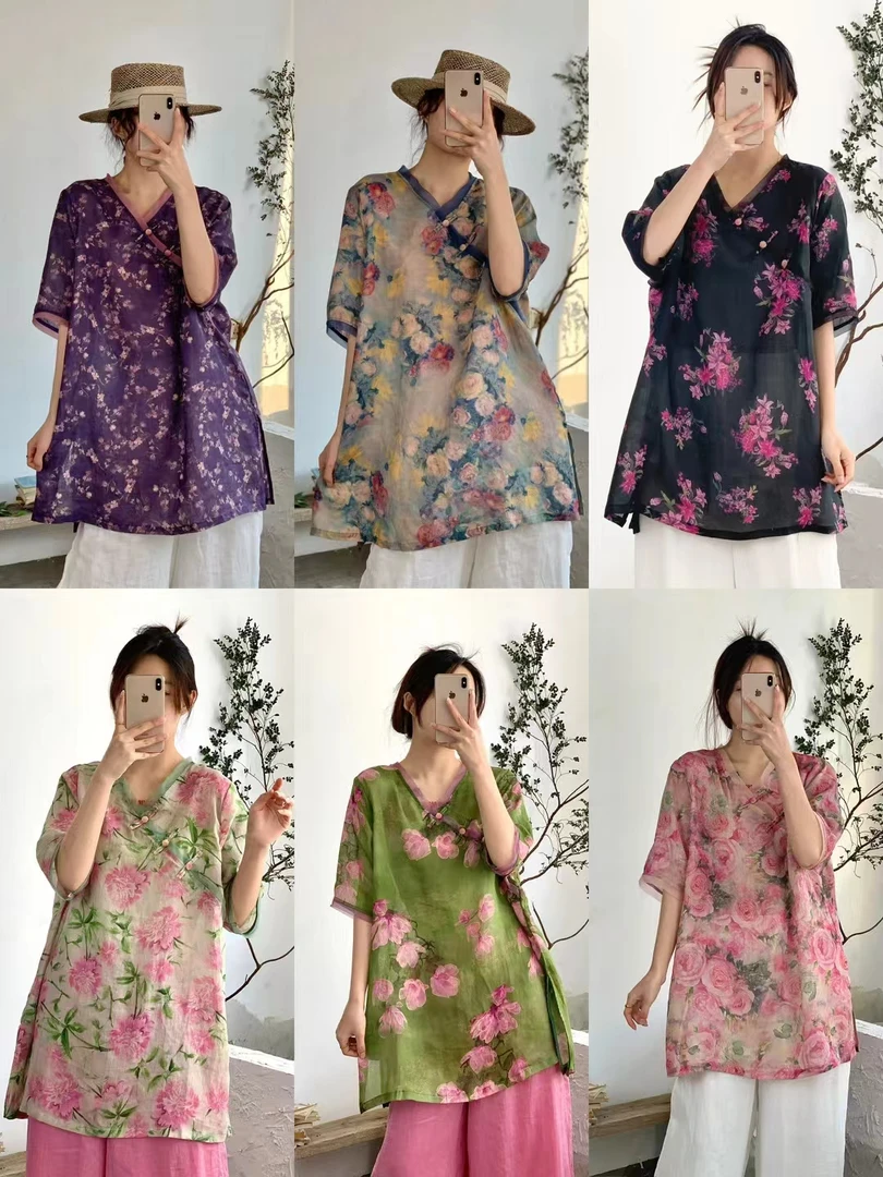 100%苎麻2025夏季宽松【中长款，袍子】时尚显瘦苎麻印花刺绣袍子