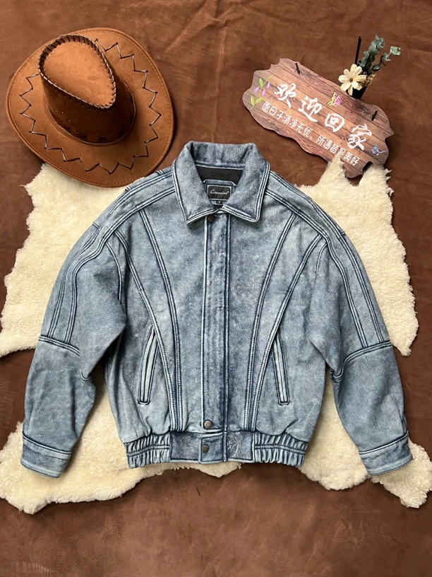 复古重工水洗石磨做旧港风男士真皮皮衣