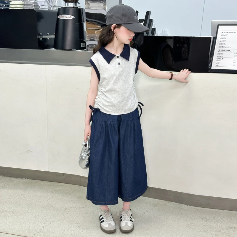 女童POLO衫套装夏季2025新款潮儿童休闲夏装女孩牛仔阔腿裤两件套